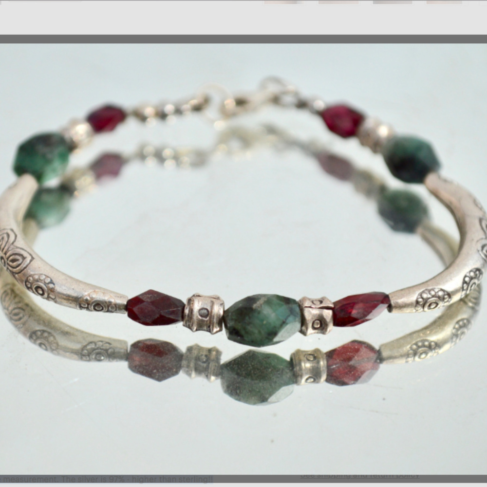 Genuine Emerald Garnet Sterling Silver Bracelet - Picture 3 of 7